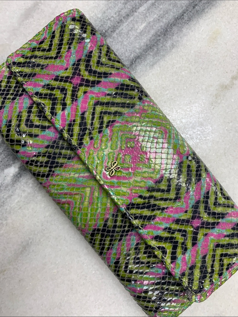 Women’s Snake-Embossed Foldover Wallet in Green & Pink